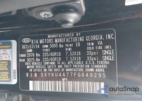 2015 Kia Sorento Ex V6 из США, поврежденный, VIN 5XYKU4A77FG649295